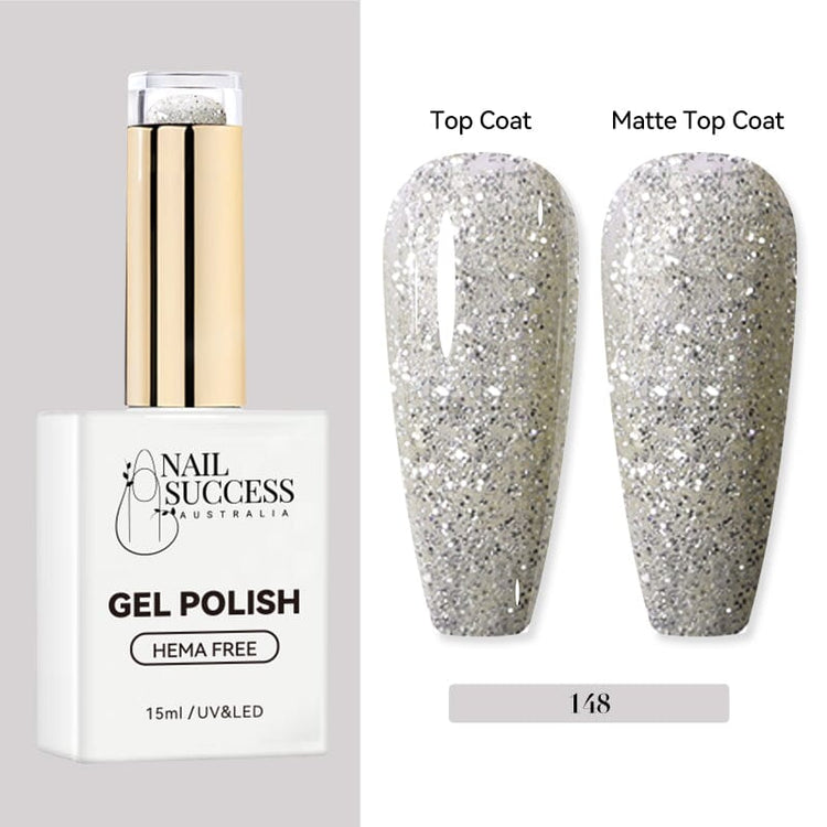 Nail Success Australia HEMA-free gel polish shade 148 with silver glitter swatches in glossy and matte finish