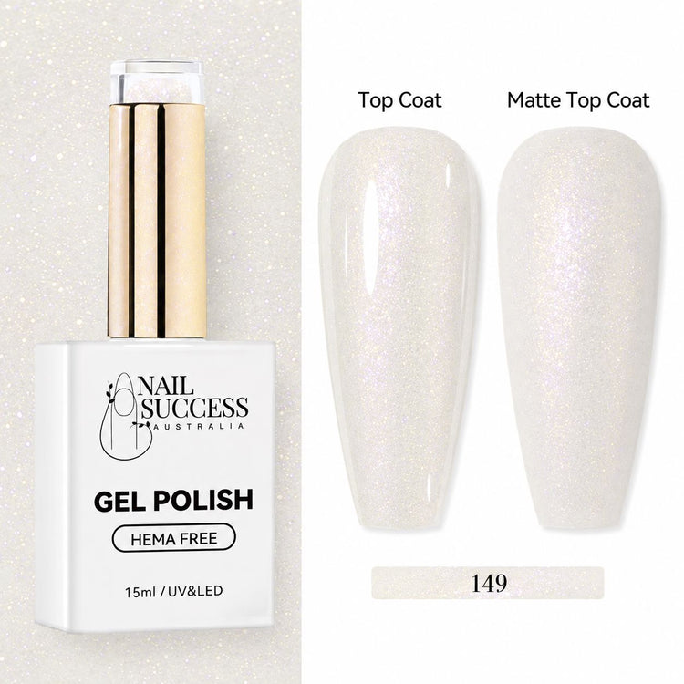 Nail Success Gel Polish 149 shimmer, shown with gloss top coat and matte top coat