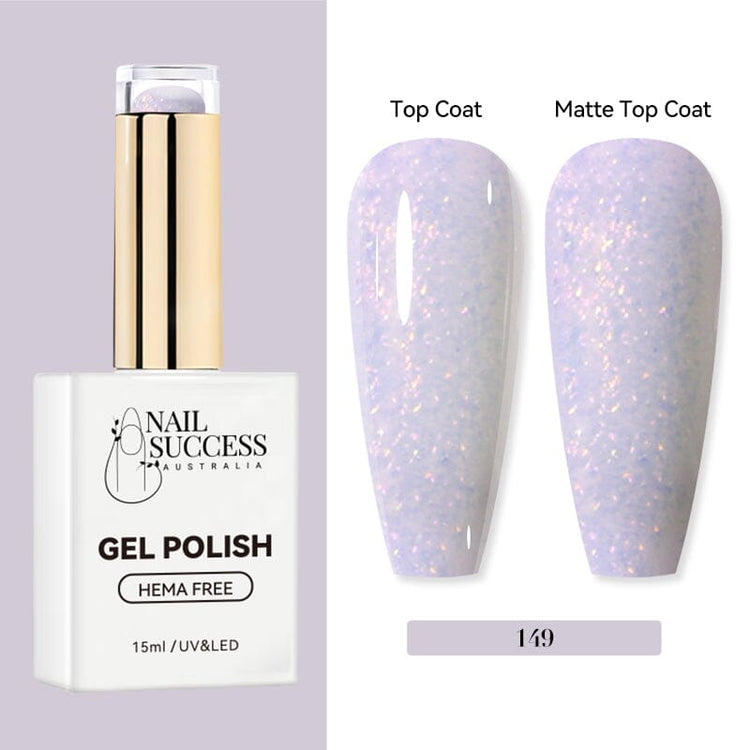 Nail Success Australia HEMA-free gel polish shade 149 with light lavender shimmer swatches in glossy and matte finish