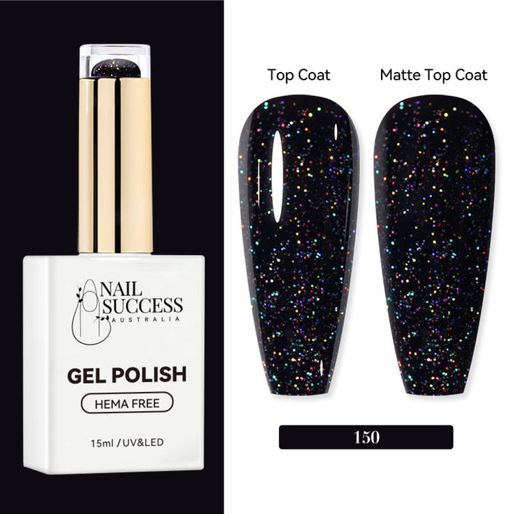 Nail Success Australia HEMA-free gel polish shade 150 with black holographic glitter swatches in glossy and matte finish