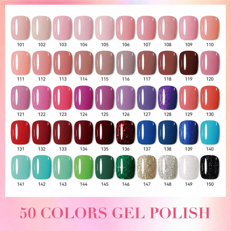 Nail Success 50 colour gel polish shade chart, shades 101 to 150
