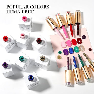 Nail Success Australia HEMA-free gel polish popular colours display with open bottles, brush swatches and glitter shades