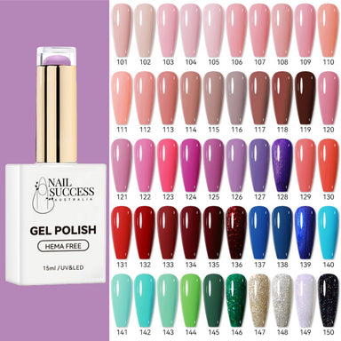 Nail Success Australia HEMA-free gel polish bottle with 50 colour shade chart, shades 101 to 150, purple background