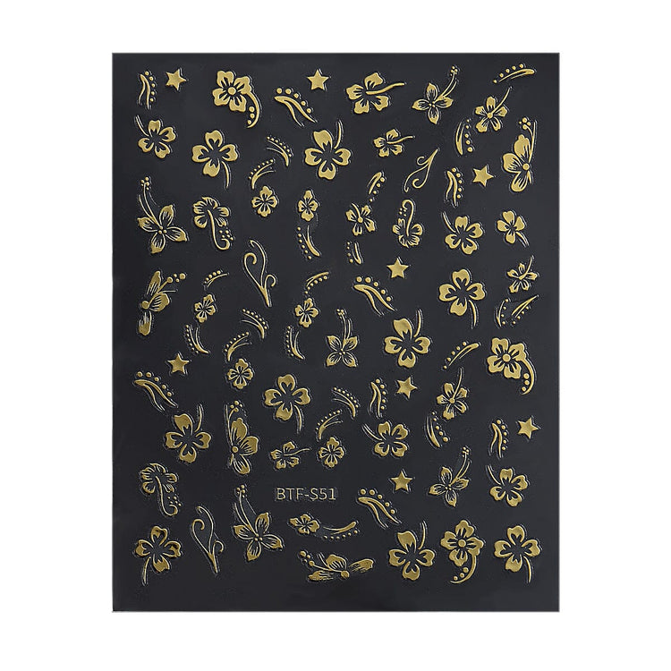 Nail Success Australia BTF-S51 gold hibiscus flower nail stickers with floral, star and swirl designs on black backing sheet