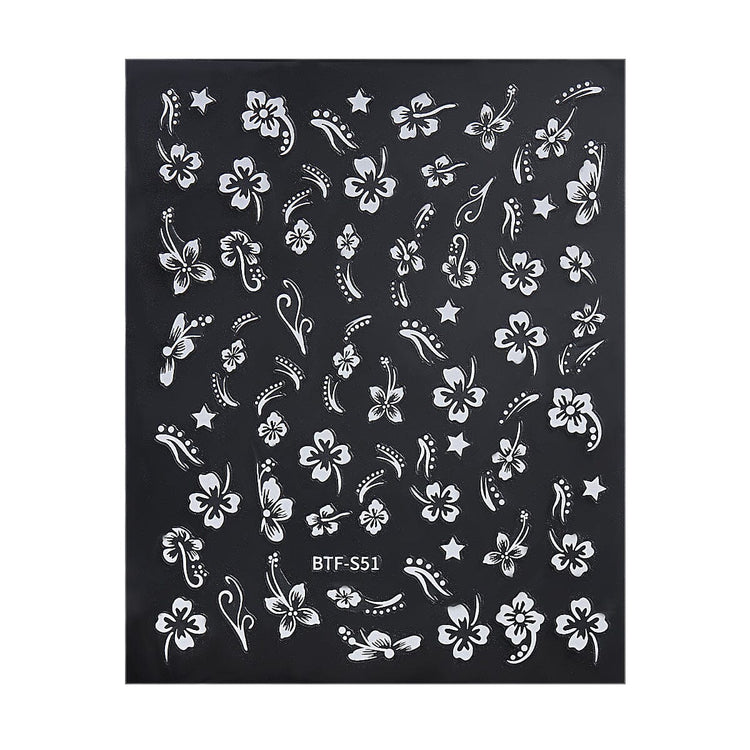 Nail Success Australia BTF-S51 white hibiscus flower nail stickers with floral, star and swirl designs on black backing sheet