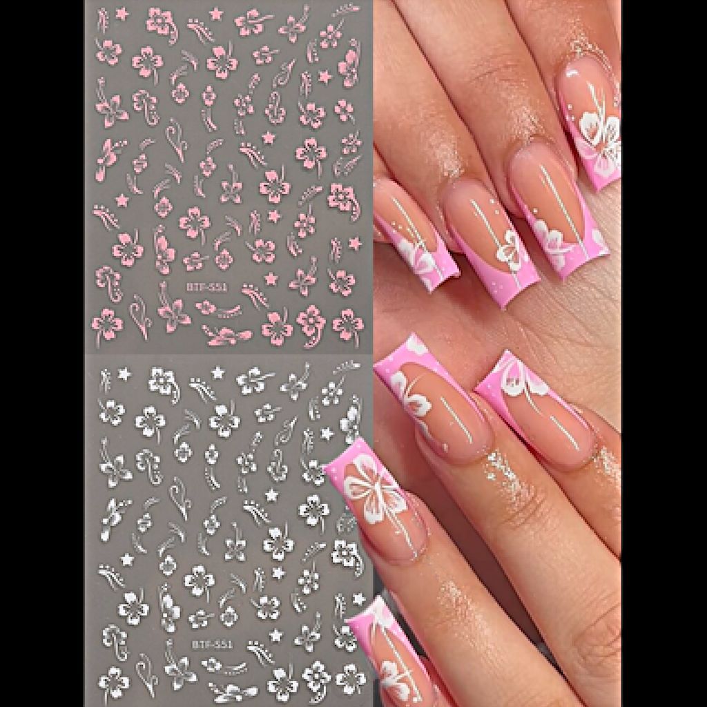 Hibiscus flower nail stickers set in pink and white with sample French tip manicure