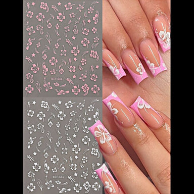 Hibiscus flower nail stickers set in pink and white with sample French tip manicure