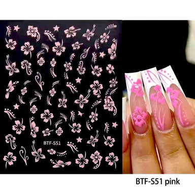 Pink hibiscus flower nail stickers (BTF-S51) with swirls and stars on black sheet