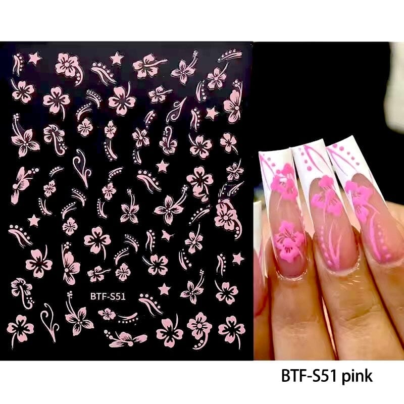 Pink hibiscus flower nail stickers (BTF-S51) with swirls and stars on black sheet