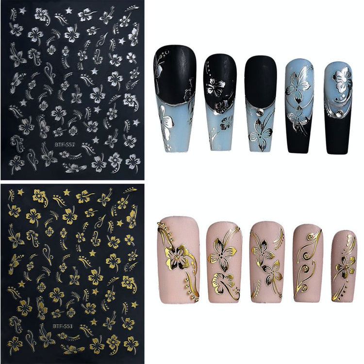 Nail Success Australia BTF-S51 hibiscus flower nail stickers pack with gold and silver floral designs shown on manicure tips