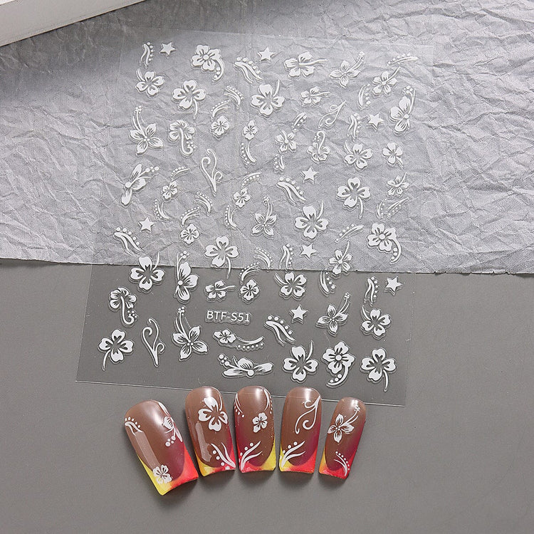 Nail Success Australia BTF-S51 pink hibiscus flower nail stickers shown with floral sample manicure designs