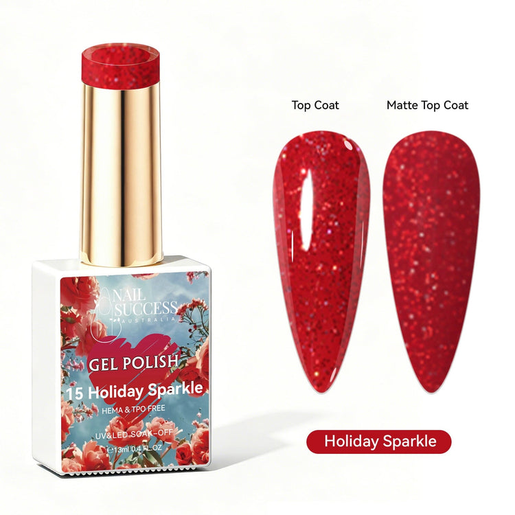 Nail Success Australia Holiday Sparkle red glitter gel polish with glossy and matte nail colour swatches