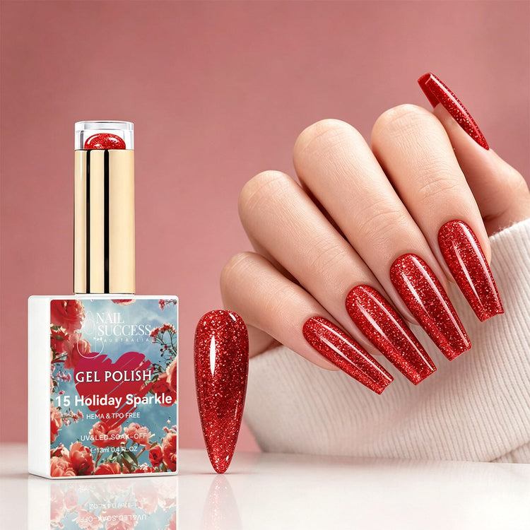 NSI Australia Holiday Sparkle red glitter gel polish with glossy sparkling manicure and swatch, shade 15