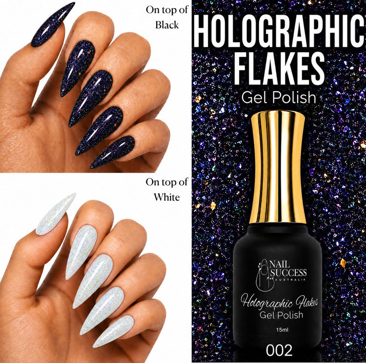 Nail Success Australia Holographic Flakes Gel Polish 002 shown over black and white nails with 15ml bottle