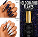 Nail Success Australia Holographic Flakes Gel Polish 002 shown over black and white nails with 15ml bottle
