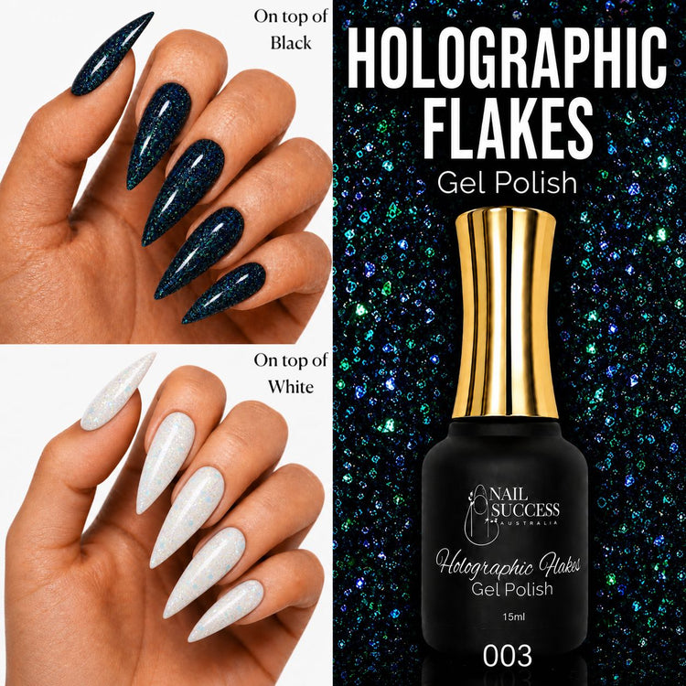 Nail Success Australia Holographic Flakes Gel Polish 003 shown over black and white nails with 15ml bottle