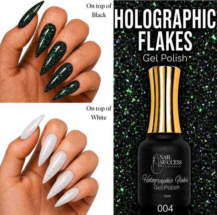Nail Success Australia Holographic Flakes Gel Polish 004 shown over black and white stiletto nails with 15ml bottle