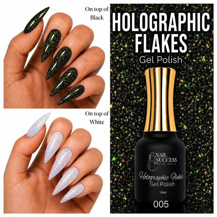 Nail Success Australia Holographic Flakes Gel Polish 005 shown over black and white nails with 15ml bottle
