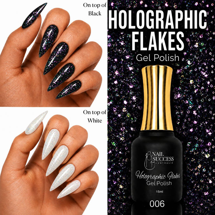 Nail Success Australia Holographic Flakes Gel Polish 006 shown over black and white nails with 15ml bottle