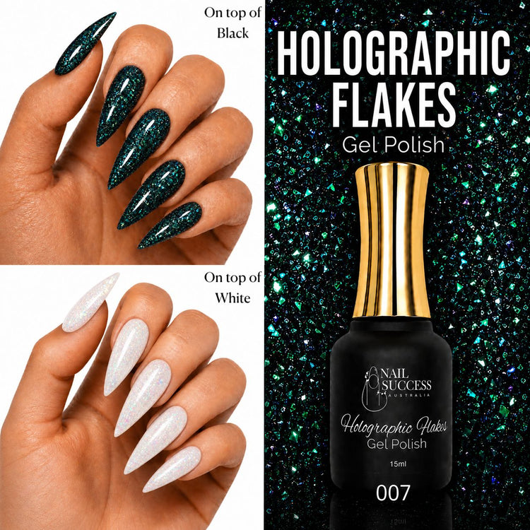 Nail Success Australia Holographic Flakes Gel Polish 007 shown over black and white nails with 15ml bottle