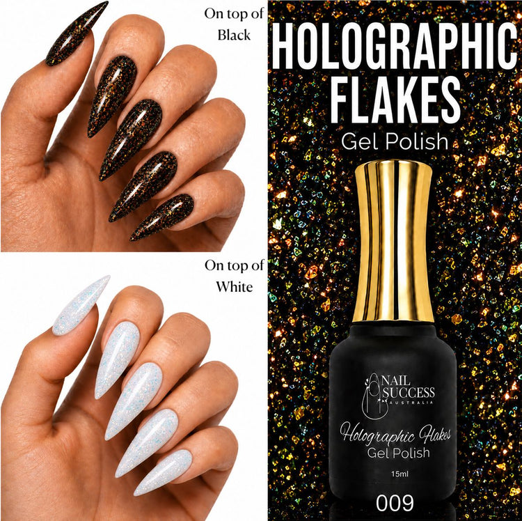 Nail Success Australia Holographic Flakes Gel Polish 009 shown over black and white stiletto nails with 15ml bottle