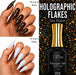 Nail Success Australia Holographic Flakes Gel Polish 009 shown over black and white stiletto nails with 15ml bottle