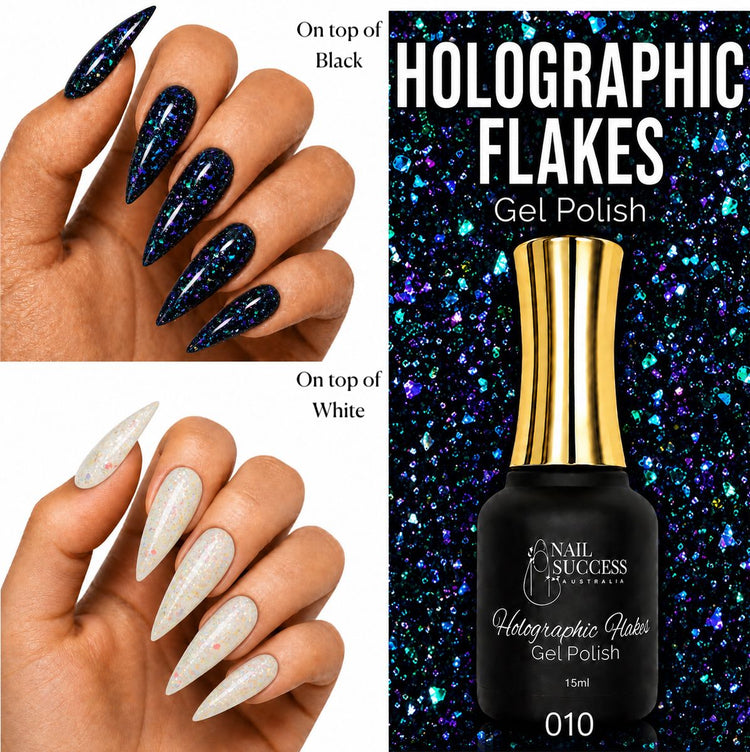 Nail Success Australia Holographic Flakes Gel Polish 010 shown over black and white stiletto nails with 15ml bottle