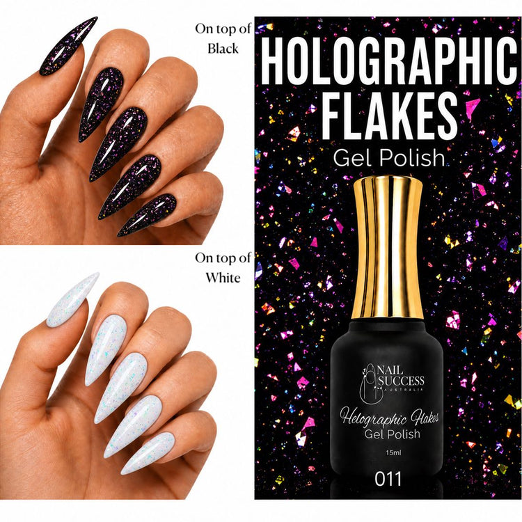 Nail Success Australia Holographic Flakes Gel Polish 011 shown over black and white stiletto nails with 15ml bottle
