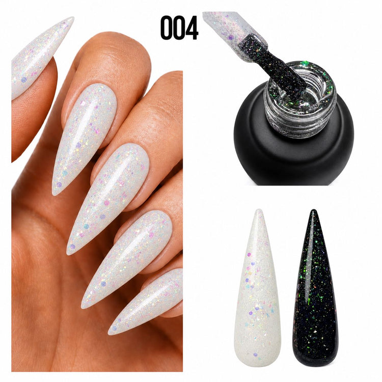 Nail Success Australia Holographic Flakes Gel Polish 004 shown on white nails with black and white swatch comparison