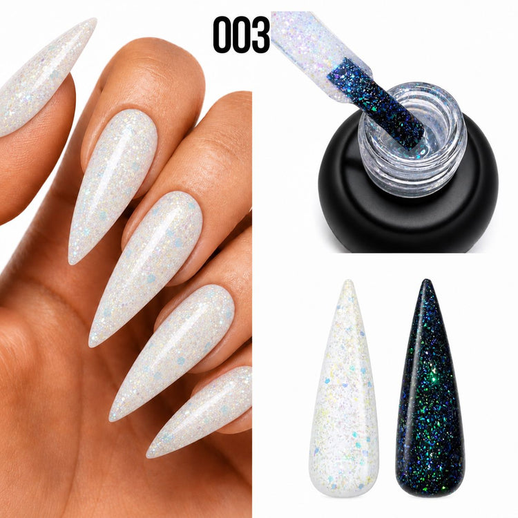 Nail Success Australia Holographic Flakes Gel Polish 003 shown on white nails with black and white swatch comparison