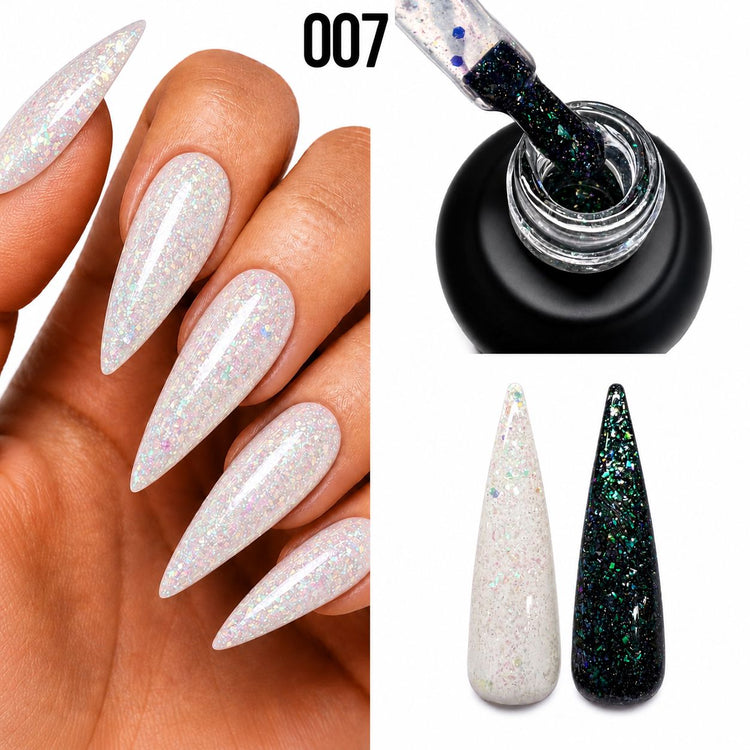Nail Success Australia Holographic Flakes Gel Polish 007 shown on white nails with black and white swatch comparison