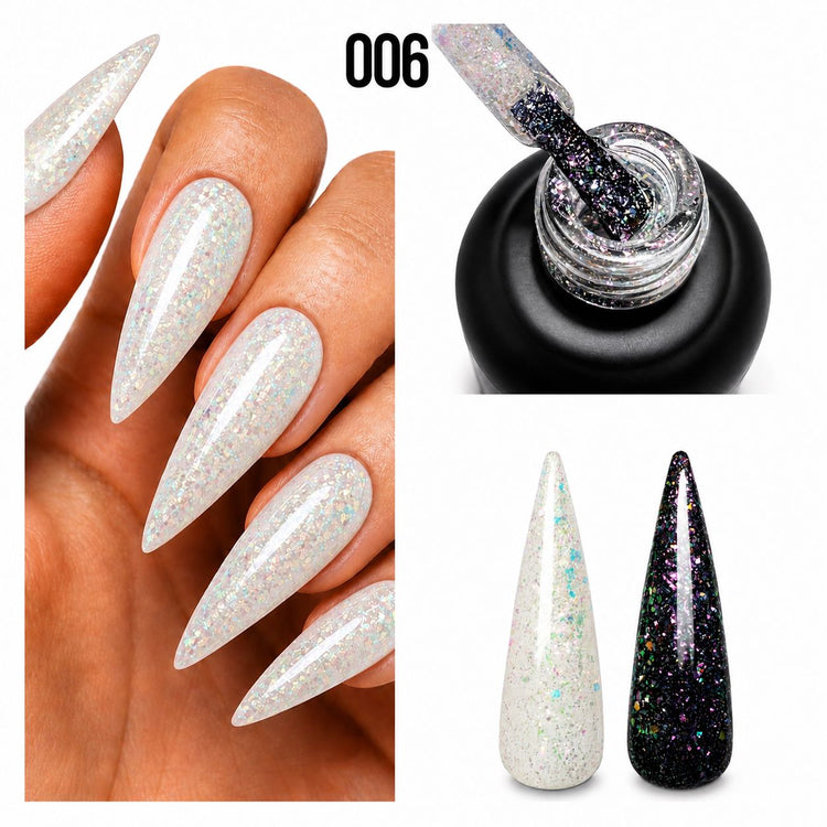 Nail Success Australia Holographic Flakes Gel Polish 006 shown on white nails with black and white swatch comparison