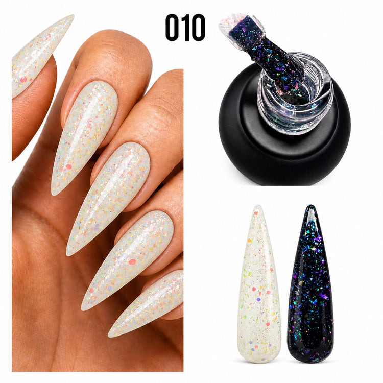 Nail Success Australia Holographic Flakes Gel Polish 010 shown on white stiletto nails with open bottle brush and black and white swatches