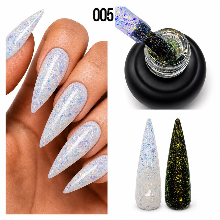 Nail Success Australia Holographic Flakes Gel Polish 005 shown on white nails with black and white swatch comparison