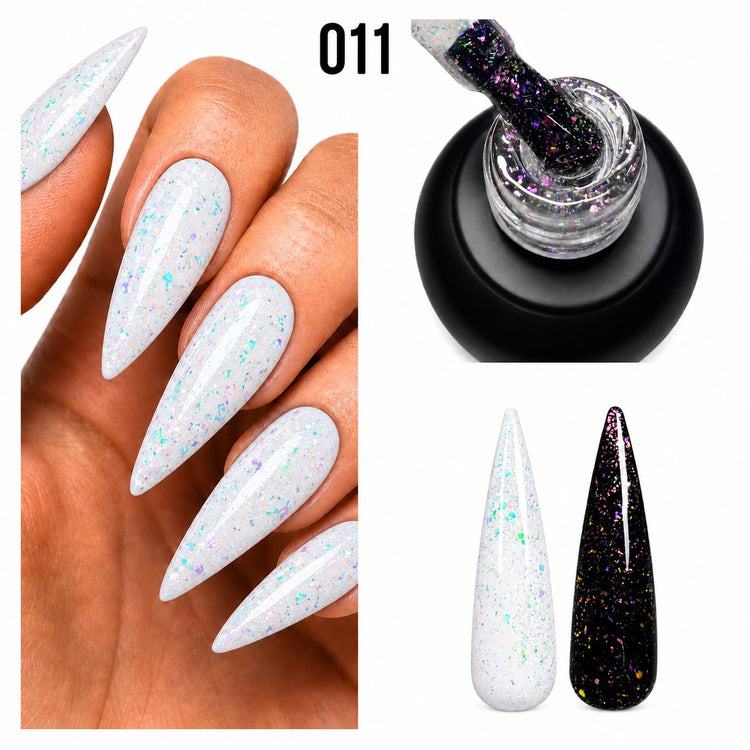Nail Success Australia Holographic Flakes Gel Polish 011 shown on white stiletto nails with open bottle brush and black and white swatches