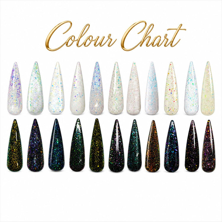 Nail Success Australia Holographic Flakes Gel Polish colour chart showing light and dark swatches for all shades