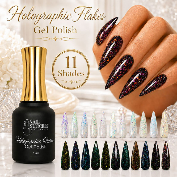 Nail Success Australia Holographic Flakes Gel Polish 15ml shown with black glitter stiletto nails and 11 shade swatches