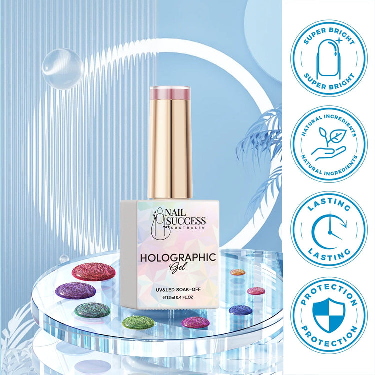 Nail Success Australia Holographic Gel polish bottle with super bright shine, natural ingredients, long-lasting wear and protection