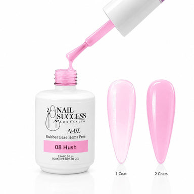 Hush Rubber Base Gel - open bottle with brush and swatches