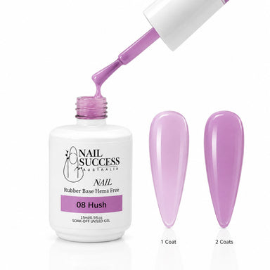 Hush Rubber Base Gel - open bottle with brush and swatches