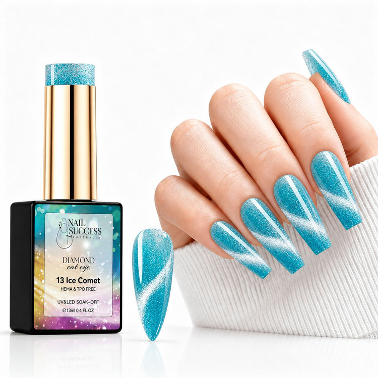 Ice Comet HEMA- and TPO-free blue Diamond Cat Eye Gel Polish with matching manicure and nail swatch – Nail Success Australia