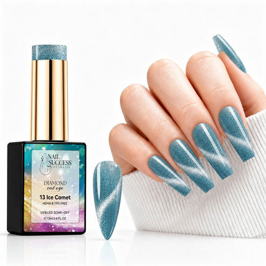 Ice Comet HEMA- and TPO-free blue Diamond Cat Eye Gel Polish with matching manicure and nail swatch – Nail Success Australia