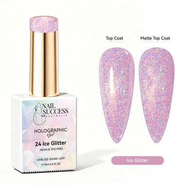 Ice Glitter HEMA- and TPO-free pink holographic gel polish with glossy and matte top coat nail swatches – Nail Success Australia