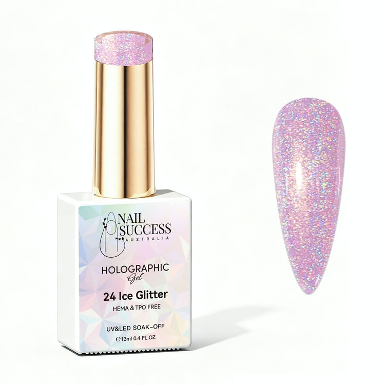 Ice Glitter HEMA- and TPO-free pink holographic gel polish with matching nail swatch – Nail Success Australia