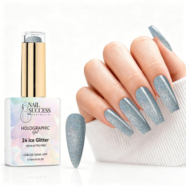 Ice Glitter holographic gel polish with icy blue silver shimmer swatch and matching manicure for HEMA and TPO free salon nails