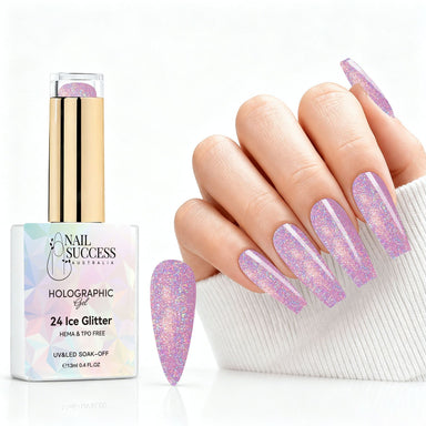 Ice Glitter HEMA- and TPO-free pink holographic gel polish with matching manicure and nail swatch – Nail Success Australia