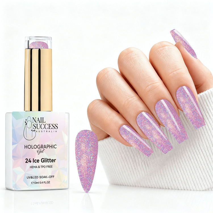 Ice Glitter HEMA- and TPO-free pink holographic gel polish with matching manicure and nail swatch – Nail Success Australia