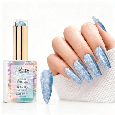 Ice Sky aurora pearl gel polish with light blue pearl shimmer swatch and matching manicure for HEMA and TPO free salon nails