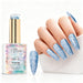 Ice Sky aurora pearl gel polish with light blue pearl shimmer swatch and matching manicure for HEMA and TPO free salon nails