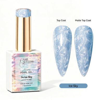 Ice Sky Aurora Pearl Gel Polish with pale blue pearl shimmer swatches in top coat and matte finish